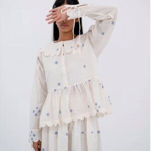 DVAA Coraline Top – Cream Scalloped Peplum Blouse with Blue Embroidery